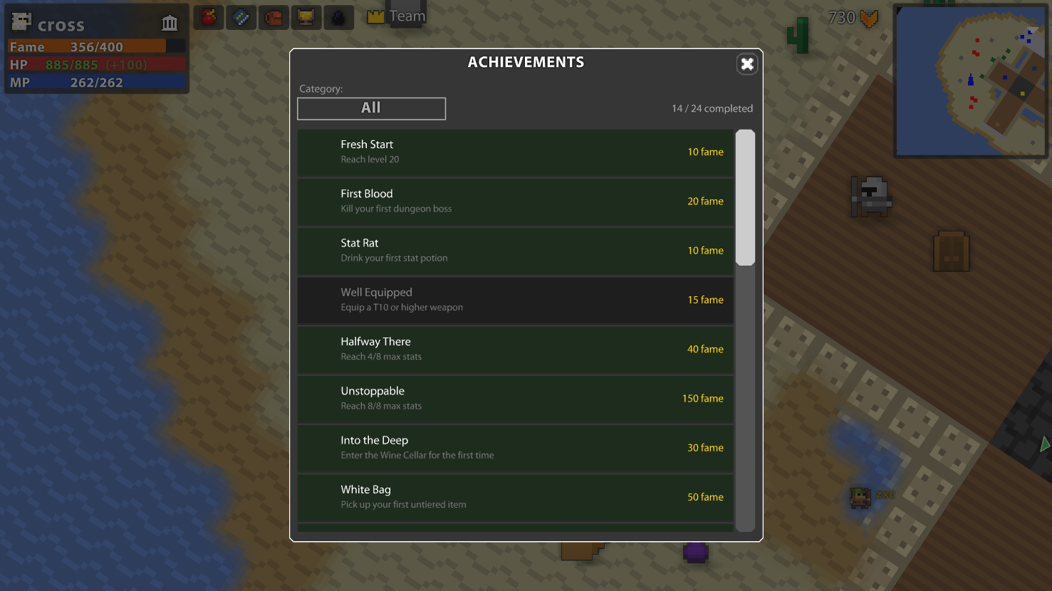 Achievements modal showing unlock progress and fame rewards
