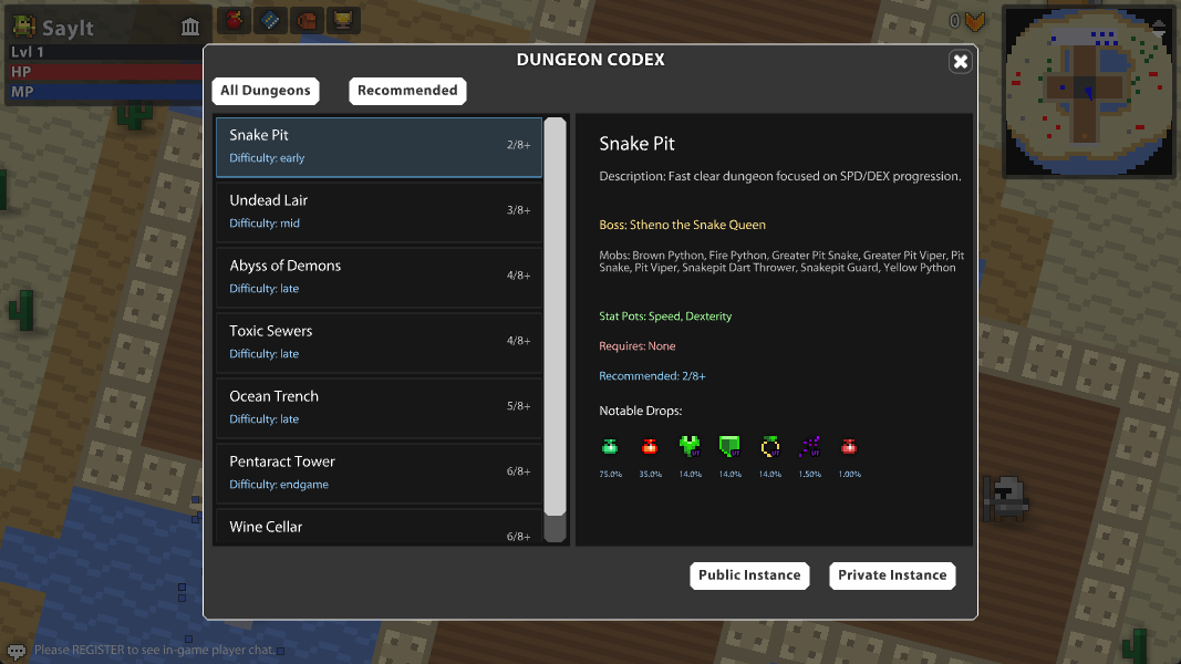 Dungeon codex showing Abyss of Demons and notable drops