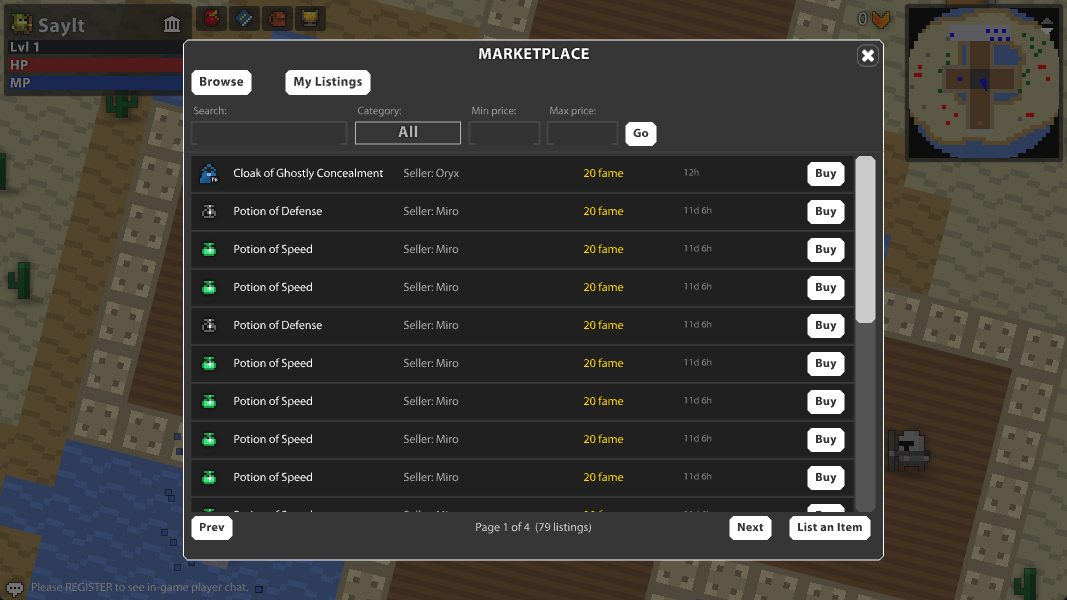 Marketplace screen listing items for fame